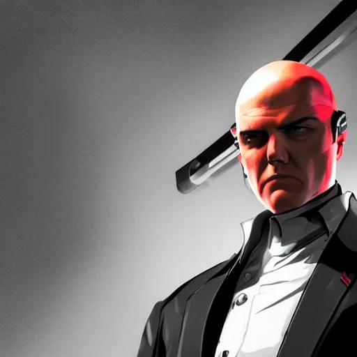 Prompt: agent 4 7 from hitman wearing headphones and listening to music in front of large stereo speakers surrounded by cables, black background, red rim light, highly detailed, smooth, sharp focus, art by ali kiani amin