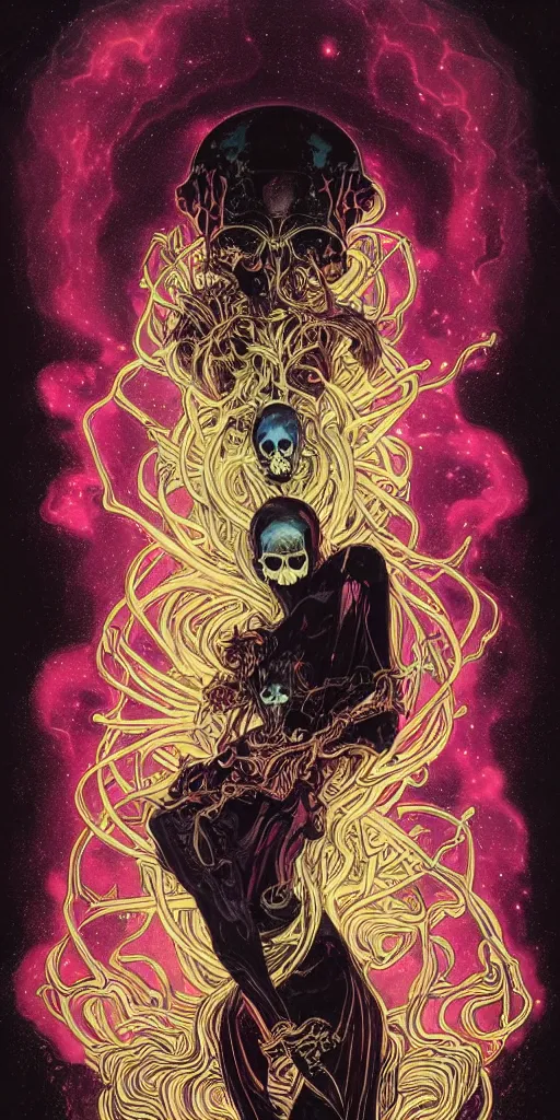 Image similar to intense glowing black metal pagan god with spider eyes and spider legs with a skull in very dark cosmic nebula by josan gonzales and moebius and alphonse mucha, portrait, light beams, lens flare, studio muti, malika favre, rhads, makoto, black and red and teal