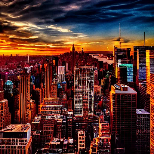 Image similar to sunset above new york, beautiful landscape, high detail, instagram photo, professional dslr photo, creative composition, beautiful composition