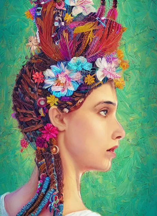 Image similar to beautiful portrait of a mediterranean female wearing fantastic Hand-dyed cotton dress, embellished beaded feather decorative fringe knots ,colorful pigtail,subtropical flowers and plants,symmetrical face,intricate,elegant, highly detailed, 8k,post-processing,digital painting, trending on pinterest, arper's bazaar,concept art, sharp focus, illustration, by artgerm,Tom Bagshaw,Daniel Gerhartz,Albert Aublet,Lawrence Alma-Tadema