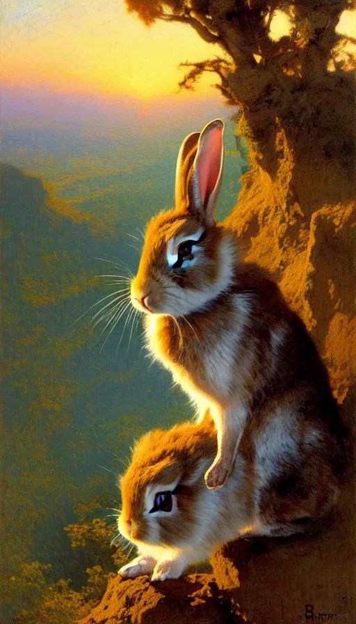 Image similar to hyper realistic rabbit looking off of a cliff, sun setting behind rabbit, lush forest in valley below, painted by gaston bussiere, craig mullins, j. c. leyendecker 8 k