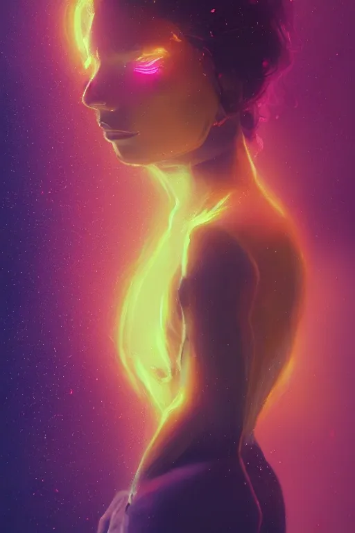 Prompt: A fancy portrait of a women with glowing colours around her by Greg Rutkowski, beeple, Sung Choi, Mitchell Mohrhauser, Maciej Kuciara, Johnson Ting, Maxim Verehin, Peter Konig, final fantasy, macro lens, 35mm, 8k photorealistic, cinematic lighting, HD, high details, dramatic, dark atmosphere, trending on artstation