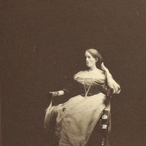 Prompt: concept art, 1 9 th century spirit photography, victorian woman in a chair, torn photo