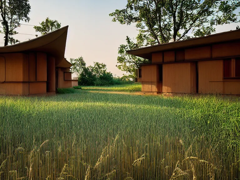 Image similar to hyperrealism design by frank lloyd wright and kenzo tange photography of beautiful detailed small house with many details in small detailed ukrainian village designed by taras shevchenko and wes anderson and caravaggio, wheat field behind the house, around the forest volumetric natural light