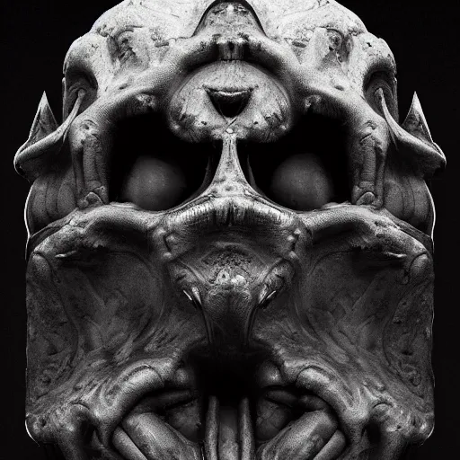 Image similar to a face made of black cast iron. black background. gothic baroque. symmetry. epic. ominous shapes. hyper detailed. photoreal. octane render. trending on artstation.