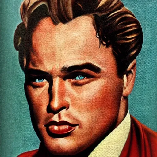 Prompt: “Marlon Brando portrait, color vintage magazine illustration 1950”