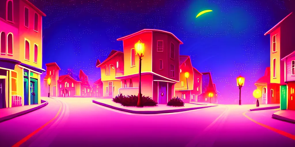 Image similar to curved perspective digital art of a summer night small town street pastel colors from nightmare before christmas by alena aenami