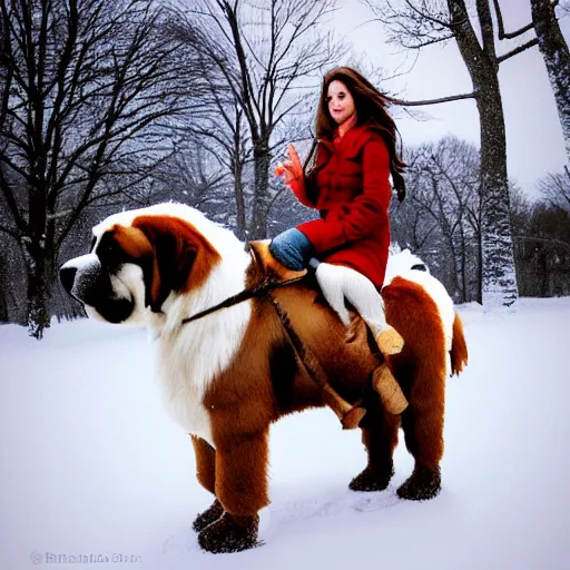 Prompt: girl riding a giant saint Bernard in a snowy park, trending on artstation