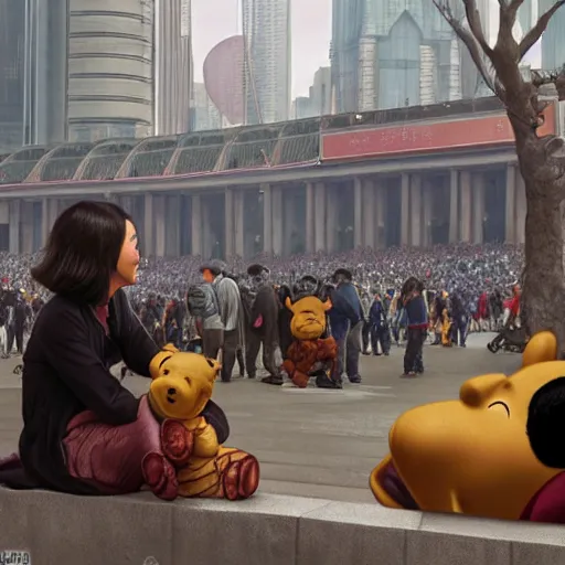 Image similar to screaming winnie the pooh protester sitting in front of 5 9 式 at tiananman square, dystopian, highly detailed, photorealistic, octane render, 8 k, unreal engine. art by artgerm and greg rutkowski and alphonse mucha