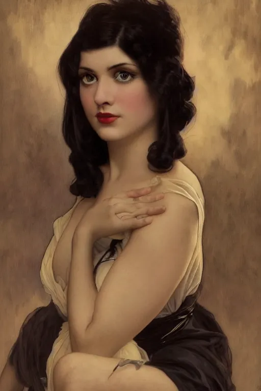 Image similar to high angle photo of a dark haired woman from 2 0 s decade of xx century with robotic eyes, gloomy atmosphere, film noir realistic, sharp focus, 8 k high definition, insanely detailed, artstation, concept art, smooth, sharp focus, illustration, art by artgerm and greg rutkowski and alphonse mucha and william - adolphe bouguereau