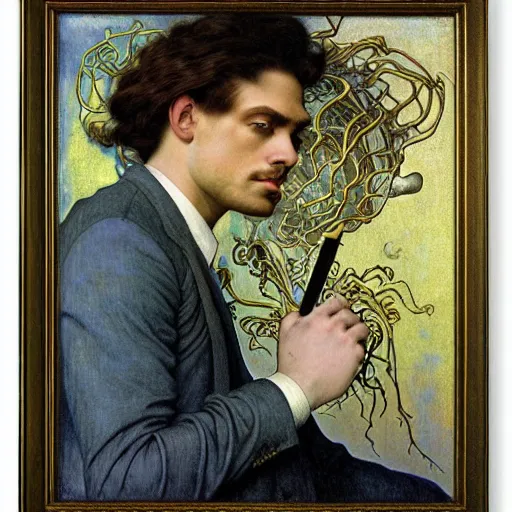 Image similar to realistic extremely detailed portrait painting of. an average. man with his. briefcase .in his. left hand . by Jean Delville, Amano, Yves Tanguy, Alphonse Mucha, Ernst Haeckel, Edward Robert Hughes, Roger Dean, pale muted pastel moody colors, gold eyes