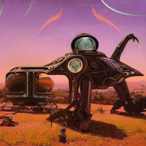 Image similar to portrait painting of syd mead artlilery scifi organic shaped android synth with ornate metal work lands on a farm, fossil ornaments, volumetric lights, purple sun, andreas achenbach