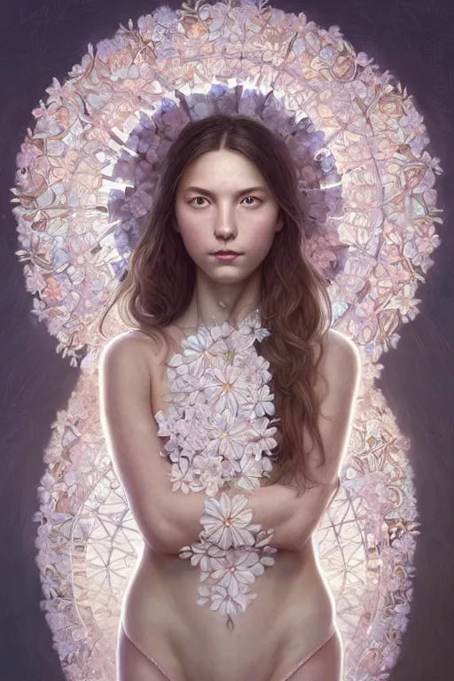 Image similar to symmetry!! full body portrait!!!! of a beautiful!!!! delicate elegant nordic shield maiden, pretty face!!!!, flower petals, intricate, elegant, highly detailed, digital painting, artstation, concept art, smooth, sharp focus, illustration, art by artgerm and greg rutkowski and alphonse mucha, 8 k