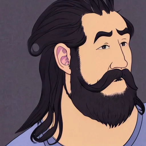 Image similar to a middle - aged man with bulk muscles and black hair consists of an unruly, mostly swept - back mane and waist - length fu manchu mustache and spiked goatee, path traced, highly detailed, high quality, digital painting, by studio ghibli and alphonse mucha, leesha hannigan, hidari, disney