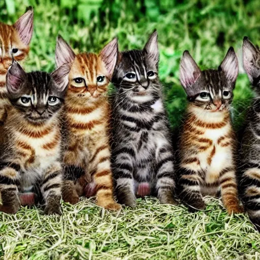 Image similar to a platoon of Vietnam era war kittens holding rifles.