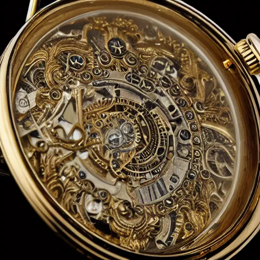 Image similar to close up photo of a gold pocket watch, high detail, complex,