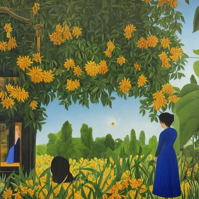 Image similar to a painting in the style of henri rousseau, a man looks through the window of an old house and sees a woman in a blue dress surrounded by sun flowers