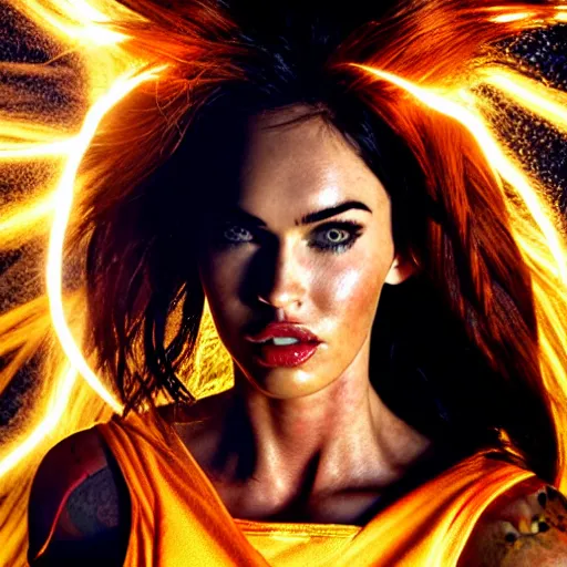 Image similar to face photo of megan fox as super saiyan as goku powering up wearing hoodie electric energy dramatic lighting by annie leibovitz