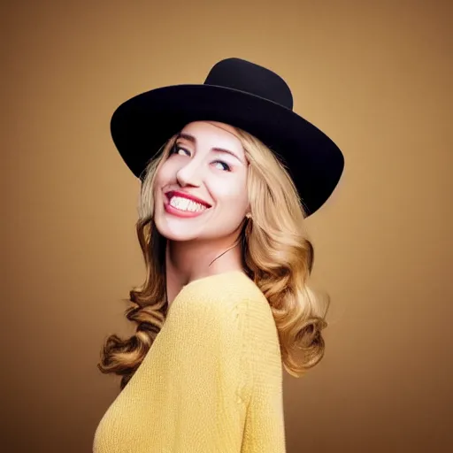 Prompt: portrait of 2 3 - year - old woman with angle lost profile looking away, happy women, cinematic colors, medium yellow blond hair, brown hat, hair comes out of the hat a little, caracter look like angelina jolie