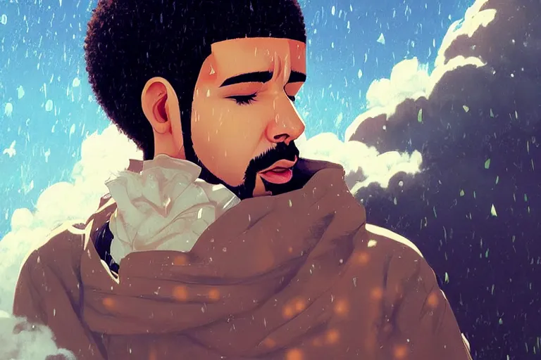 Prompt: Pixiv Digital art Full Body Extreme Detailed Full and Isolated and singular portrait of Drake crying tears sitting on a Cloud in the sky. His tears pour down like rain in the scene is full of clouds and raining by Ilya Kuvshinov and Greg Rutkowski