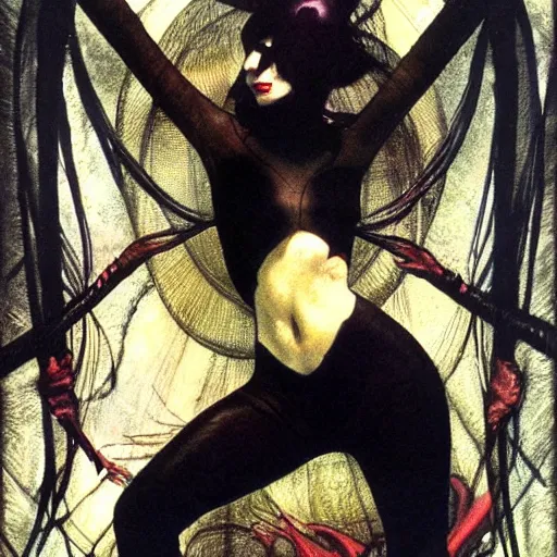 Image similar to dark swan queen, black feathers instead of hair, feathers growing out of skin, black fingers with black claws, bird feet, black bodysuit, disney villain, dark fae, moulting, suspended in zero gravity, on spaceship with cables hanging down, highly detailed, mike mignogna, ron cobb, mucha, oil painting