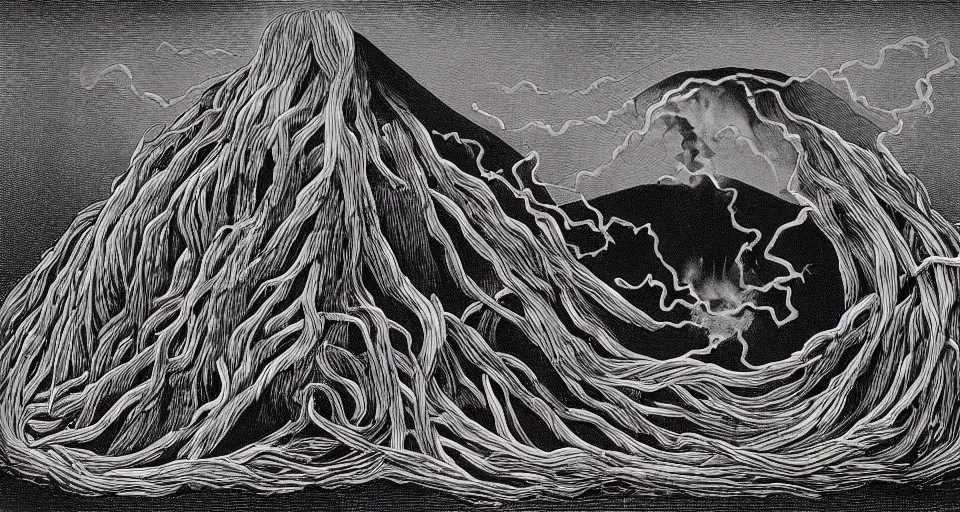 Image similar to a volcano made of ivory vines and crimson rocks enters in eruption, it spits a smoke in the shape of demonic eye, by Charles Addams