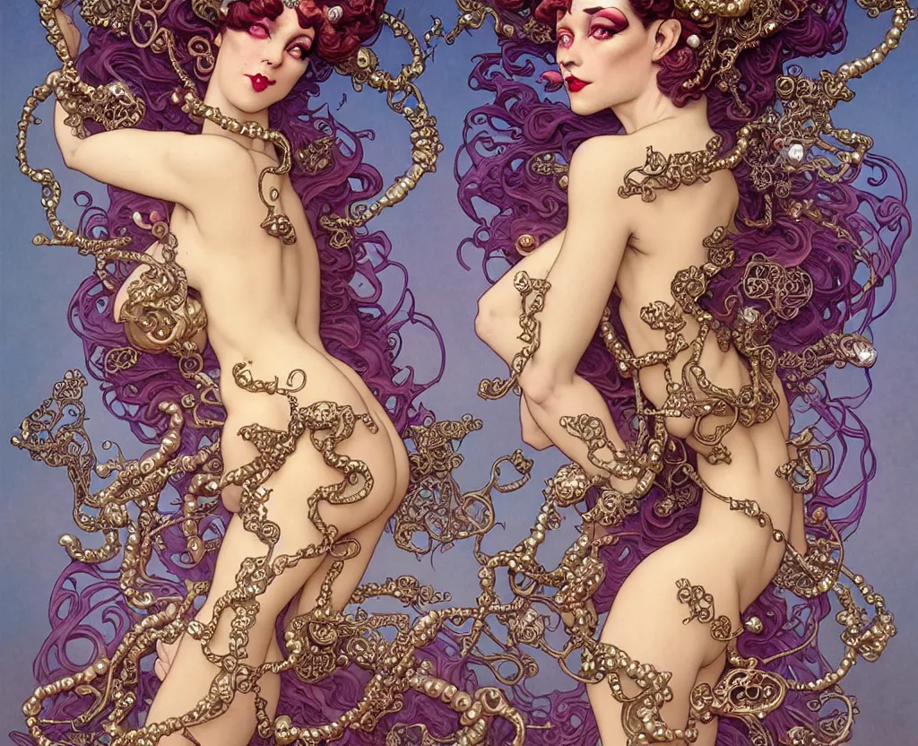 Prompt: beautiful burlesque dancer art nouveau fantasy character portrait, ultra realistic, intricate details, the fifth element artifacts, highly detailed by peter mohrbacher, hajime sorayama, wayne barlowe, boris vallejo, aaron horkey, gaston bussiere, craig mullins alphonse mucha, art nouveau curves swirls and spirals, doves flowers pearls beads crystals jewelry goldchains scattered