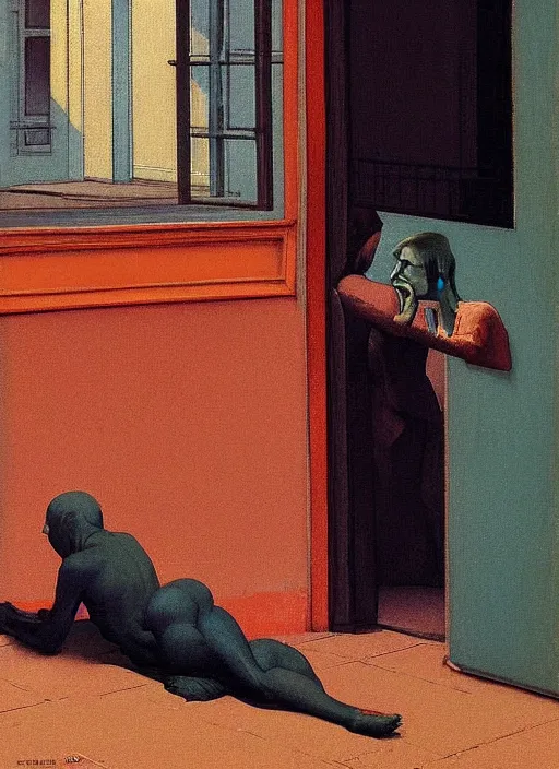 Prompt: a deity meeting a poor beggar on the streets of london circa 1 9 8 4 edward hopper and james gilleard, zdzislaw beksinski, in the style of francis bacon, surreal, norman rockwell and james jean, greg hildebrandt, and mark brooks, triadic color scheme, by greg rutkowski, in the style of francis bacon and syd mead