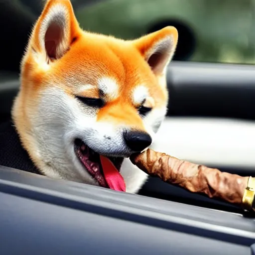 Image similar to shiba inu with a cigar in mouth inside a toyota supra