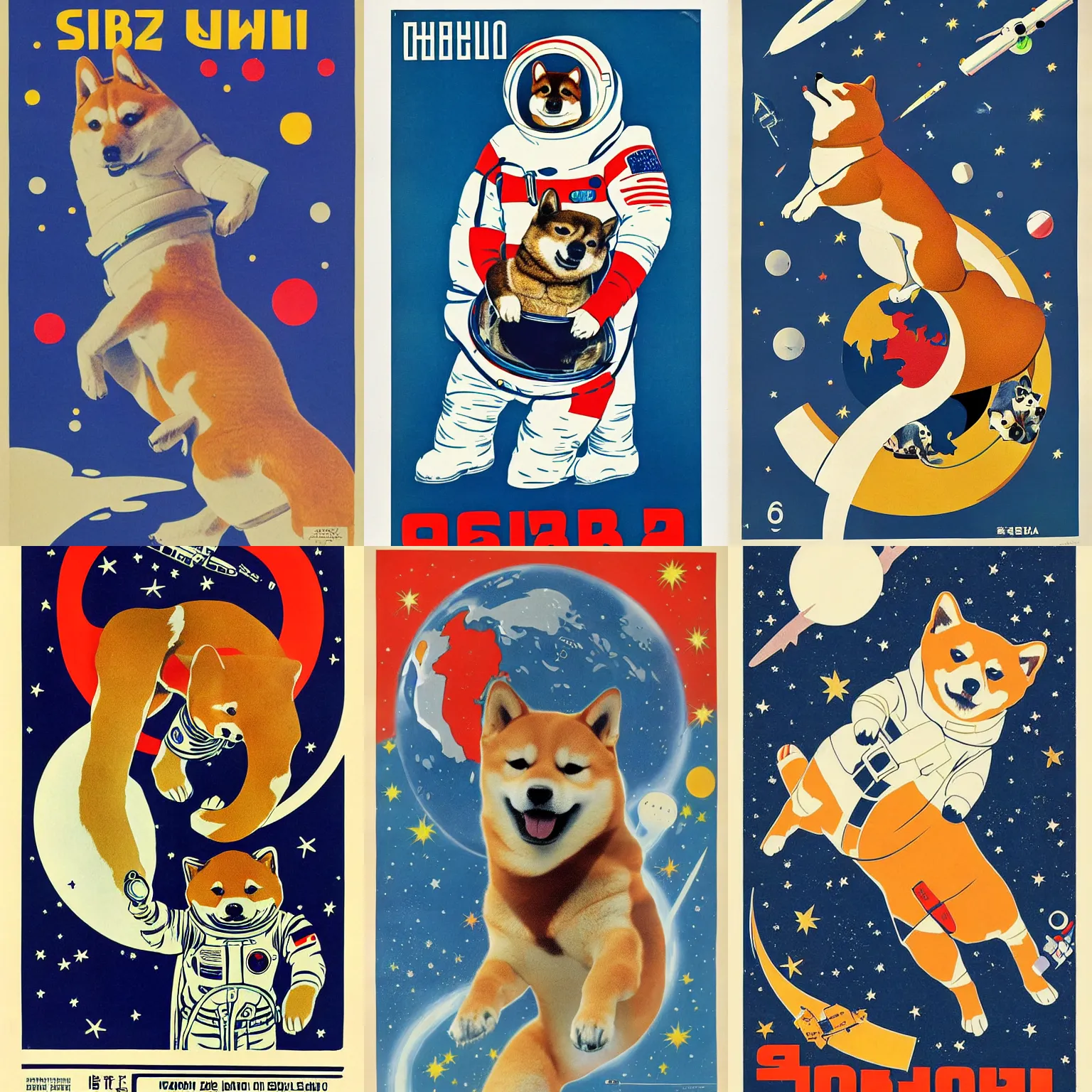 Prompt: Shiba Inu cosmonaut, 60s poster, 1968 Russian