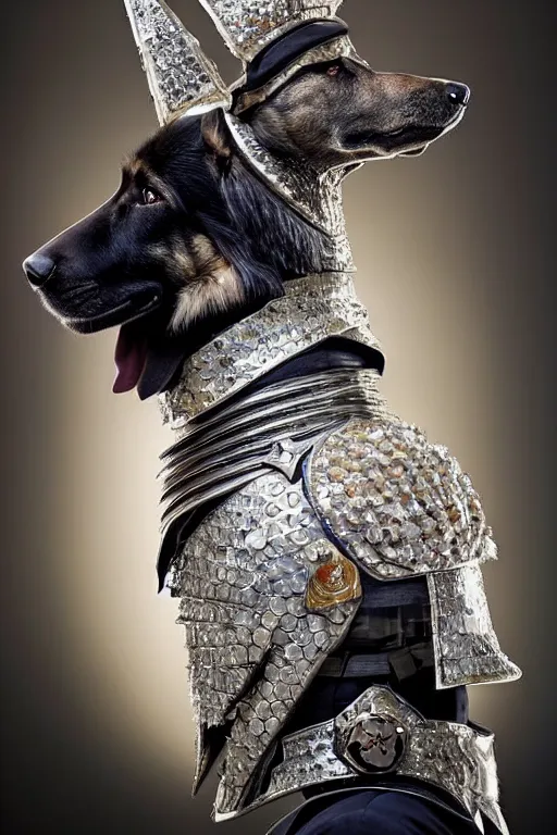 Image similar to donald trump knight wearing a real german shepherd on his head, armor designed by wayne barlowe, swarovski and tiffany, blonde hair, symmetry, sci - fi, cinematic, elegant, luxury, perfect light, perfect composition, dlsr photography, sharp focus, dark fantasy, 8 k, ultra hd, sense of awe, highly detailed, realistic, intricate