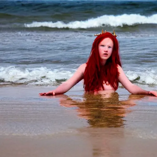 Image similar to drowned redhead princess on beach,