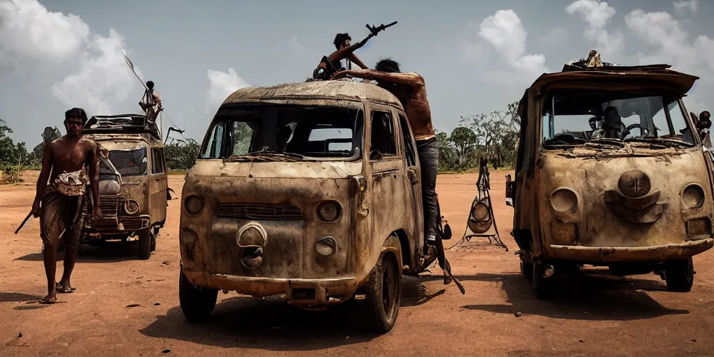 Image similar to sri lankan mad max style, tuk tuk, film still, epic shot cinematography, rule of thirds