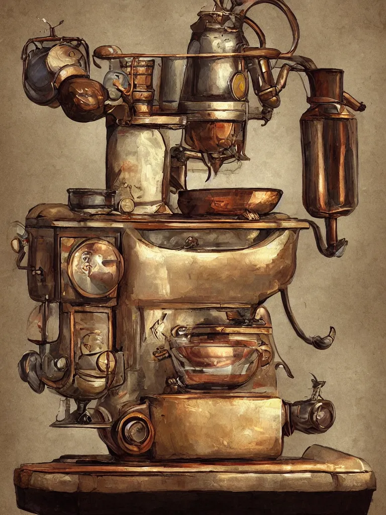 Prompt: ancient coffee machine, by Simon Stalenhaag, by Yoshita Amano, by Esao Andrews, sharp focus, fresh colors, conceptart, trending on artstation
