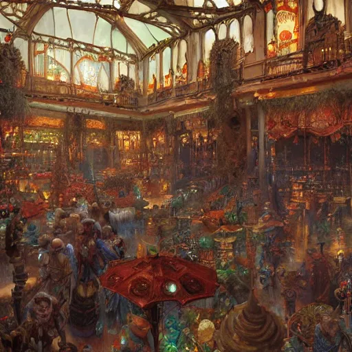 Image similar to The great Bazaar, fantasy art by Donato Giancola, Craig Mullins, digital art, trending on artstation