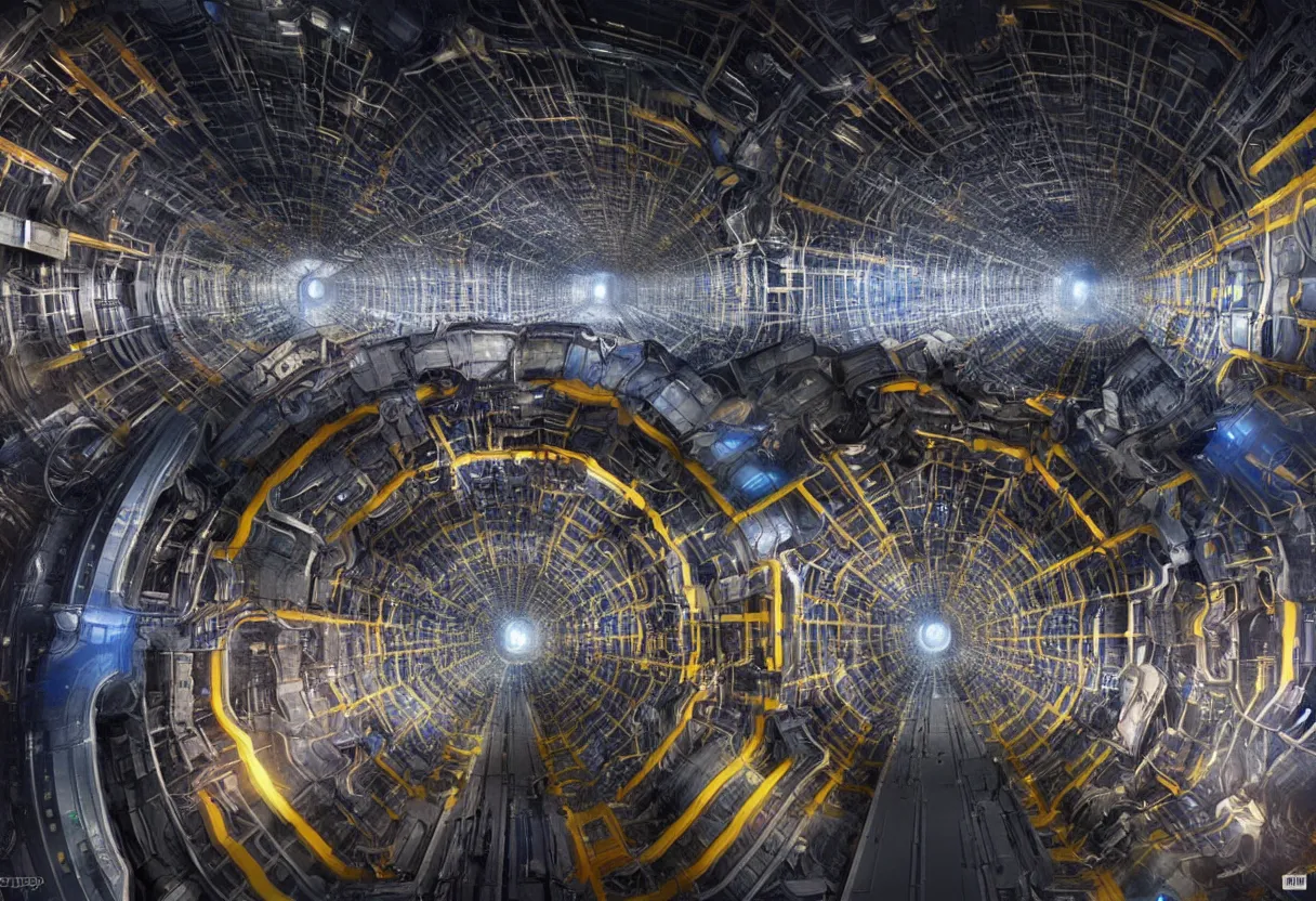 Image similar to inside of cern large hadron collider, pulled apart, ultra high definition, ultra detailed, matte painting, by greg rutkowski and ross tran and wlop