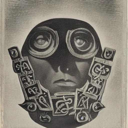 Image similar to photo portrait of 19 century metal fine detail engravings runes face mask cultist lord rich baron by Diane Arbus and Louis Daguerre