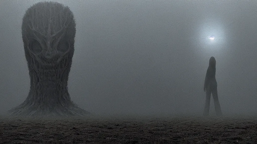 Image similar to a television sits directly in front of the viewer, a strange creature peaks out from behind, film still from the movie directed by Denis Villeneuve with art direction by Zdzisław Beksiński, wide lens