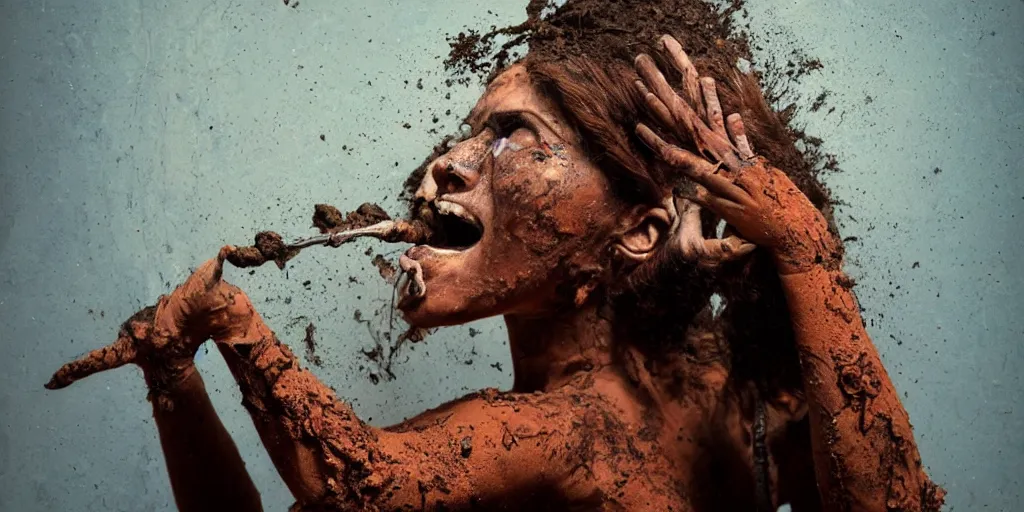 Image similar to highly detailed photography of a screaming woman made of rust clay and stone, rocks, hand gesture, dust particles, dirt, dramatic scene, aesthetic dynamic lighting, masterpiece, by roberto ferri, blue background, high quality, spatula