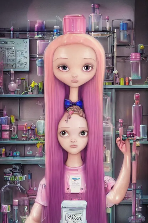 Prompt: highly detailed, industrial photography, colored gel light, profile photo of adult princess bubblegum from adventure time, working in her science lab, wearing lab coat, long bubblegum hair, long straight bangs, confident, beautiful, attractive, illustration concept art by nicoletta ceccoli, mark ryden, lostfish, detailed and intricate environment, 8 k resolution, hyperrealistic, octane render