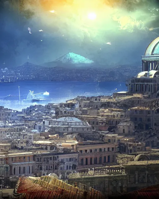 Image similar to napoli from unreal game looking in a camera. Alien world on background. Digital art