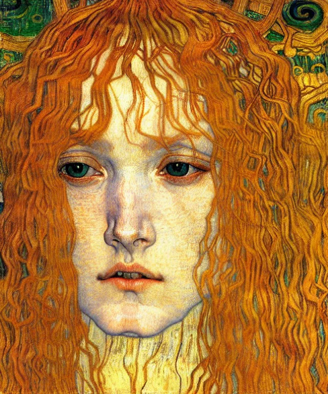 Image similar to detailed realistic beautiful young medieval queen face portrait by jean delville, gustav klimt and vincent van gogh, art nouveau, symbolist, visionary, gothic, pre - raphaelite, muted earthy colors, desaturated