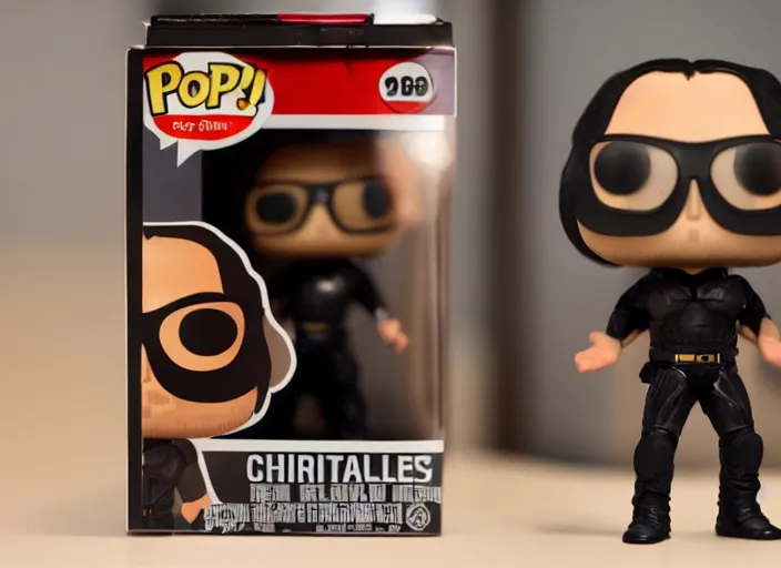 Image similar to product still of Christian Bale funko pop with box, 85mm f1.8