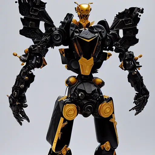 Image similar to realistic combat mech, carved black marble mechanical exoskeleton wearing hardsurface armour, inlaid with obsidian and gold accents, ivory rococo, wings lace wear, sculpted by spider zero, frank gehry, jeff koons, bandai box art