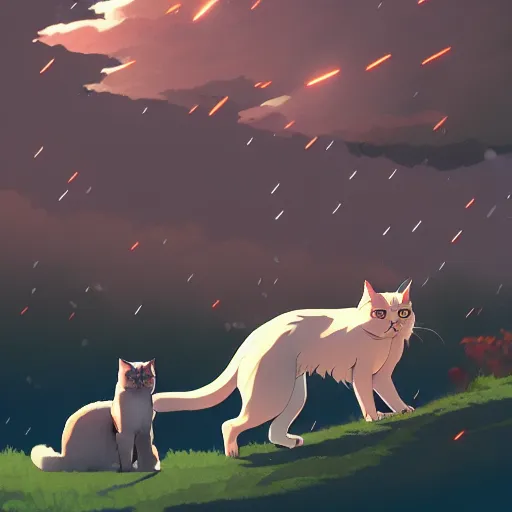 Image similar to giant cats and dogs are falling from the sky like rain, bystanders watching from the sides, 4 k, by miyazaki, monokubo, artstation,