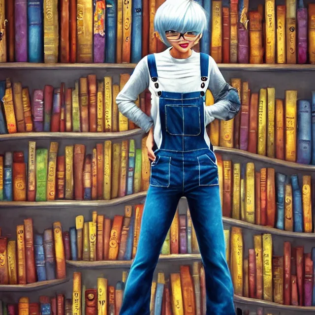 Image similar to full body pose, beautiful adult book fairy, pixar, short white hair shaved sides, dirty, grungy, grunge, long sleeve, painted overalls, stacks of giant books, highly detailed, 4 k, hdr, smooth, sharp focus, high resolution, award - winning photo, artgerm, photorealistic