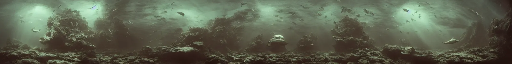 Prompt: underwater photo of fish, Les Edwards, Zdzislaw Beksinski, Carl Gustav Carus, John Harris, Michal Karcz, Zhang Kechun, Mikko Lagerstedt, Scott Listfield, Steven Outram, Jessica Rossier