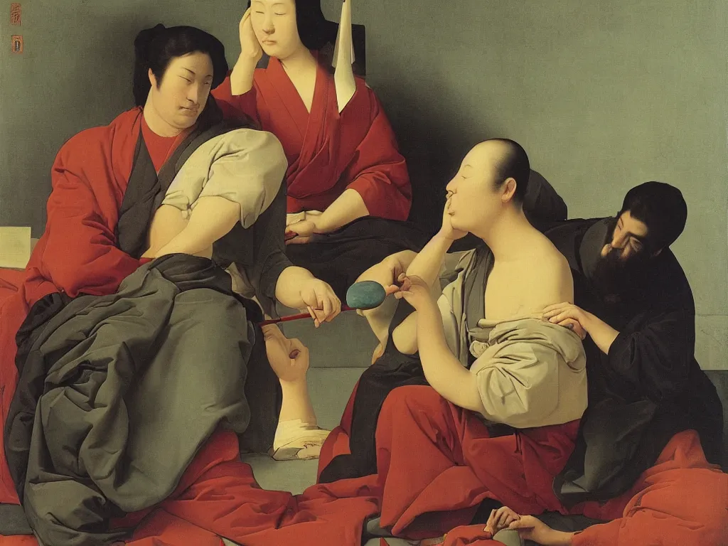 Prompt: portrait of man and woman in zen meditation, with giant lollipop. painting by georges de la tour