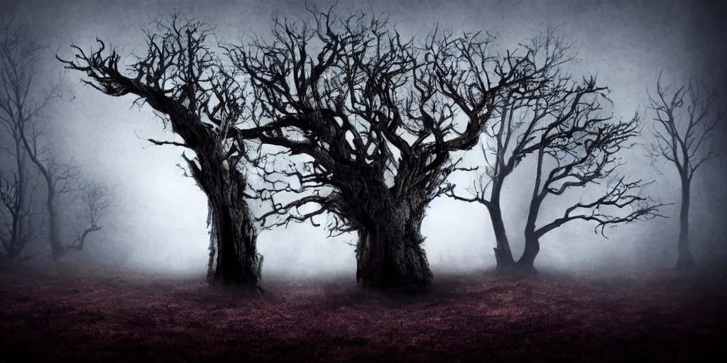 Image similar to fun strange darkness house, dead tree, inspired by Tim Burton, (by Tim Burton) dark forest background, mist, fog, volumetric lighting