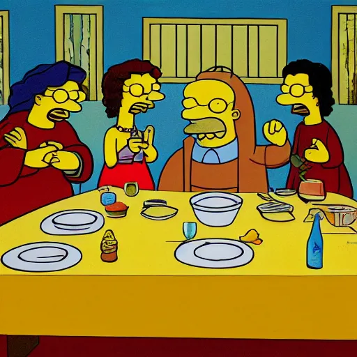 Prompt: last supper with the simpsons characters, art, trending in artsation, winning award painting, oleo style, framed paint, homer is breaking the bread